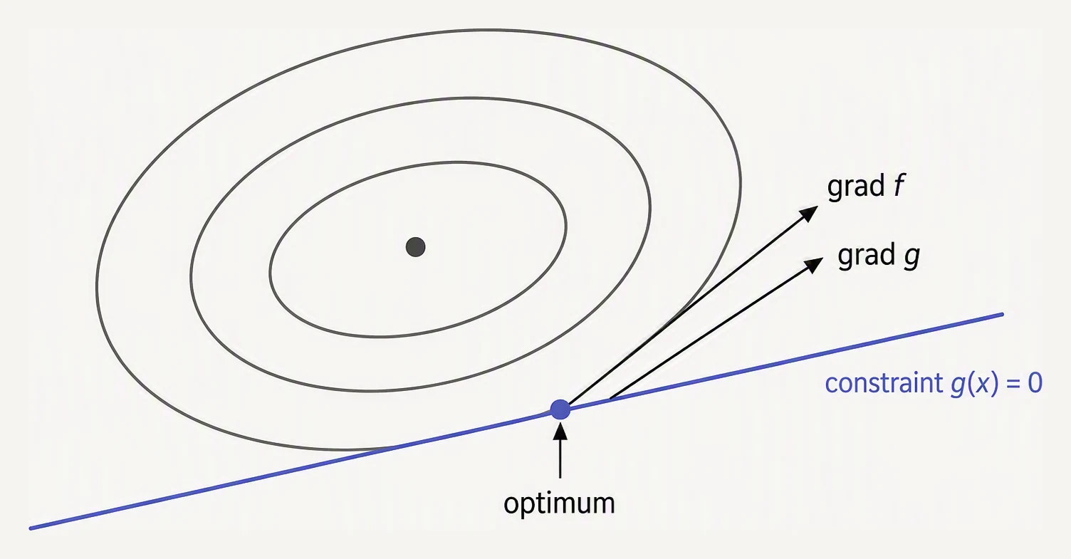 Objective contours meeting a constraint line exactly at the point where the two are tangent.
