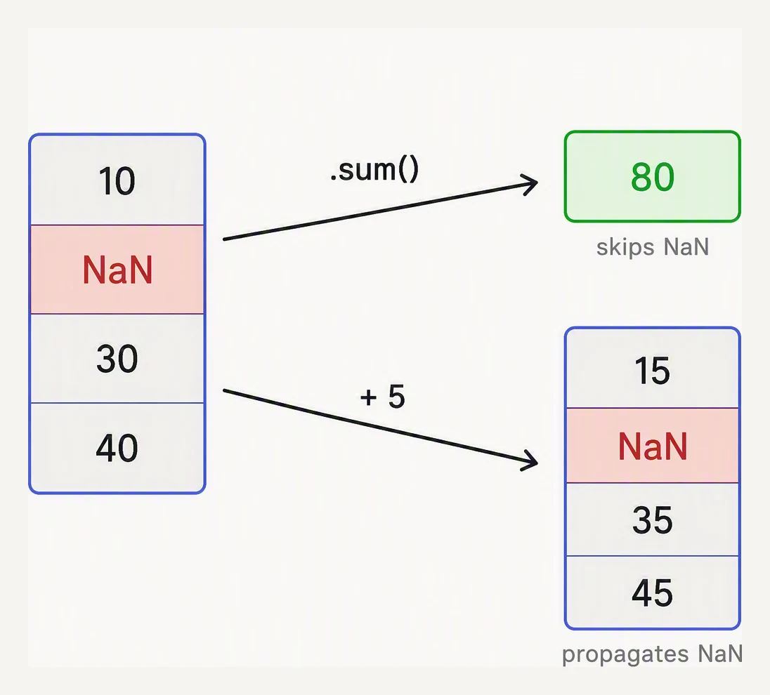A column containing NaN flowing into two operations: sum skips the NaN, while an arithmetic operation propagates it.