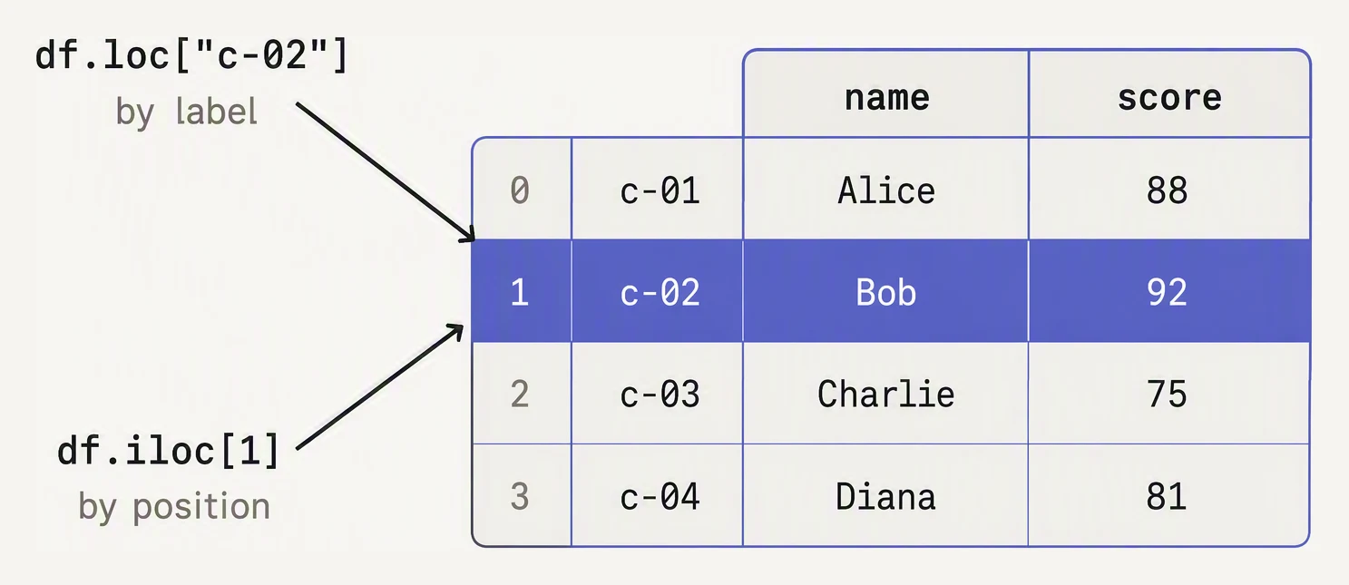 A table where df.loc addresses a row by its index label and df.iloc addresses the same row by its integer position.
