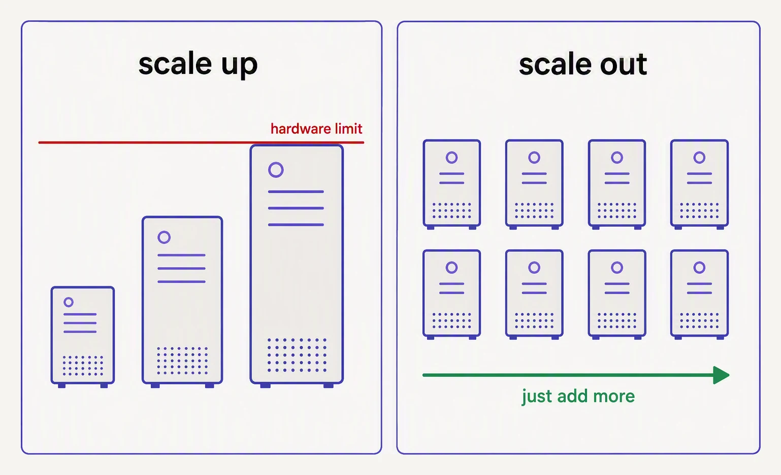 One machine growing larger until it hits a ceiling, versus many identical commodity machines added side by side.