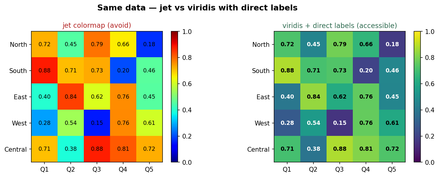 Two 5x5 heatmaps of the same data. Left uses the jet colormap, which has harsh false edges through yellow and cyan. Right uses viridis (dark purple low to bright yellow high) with the value annotated in every cell, white text on dark cells and black on light.